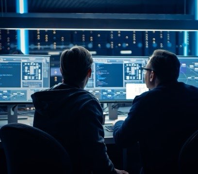IT professional studying network data on screen during a Cisco live webinar