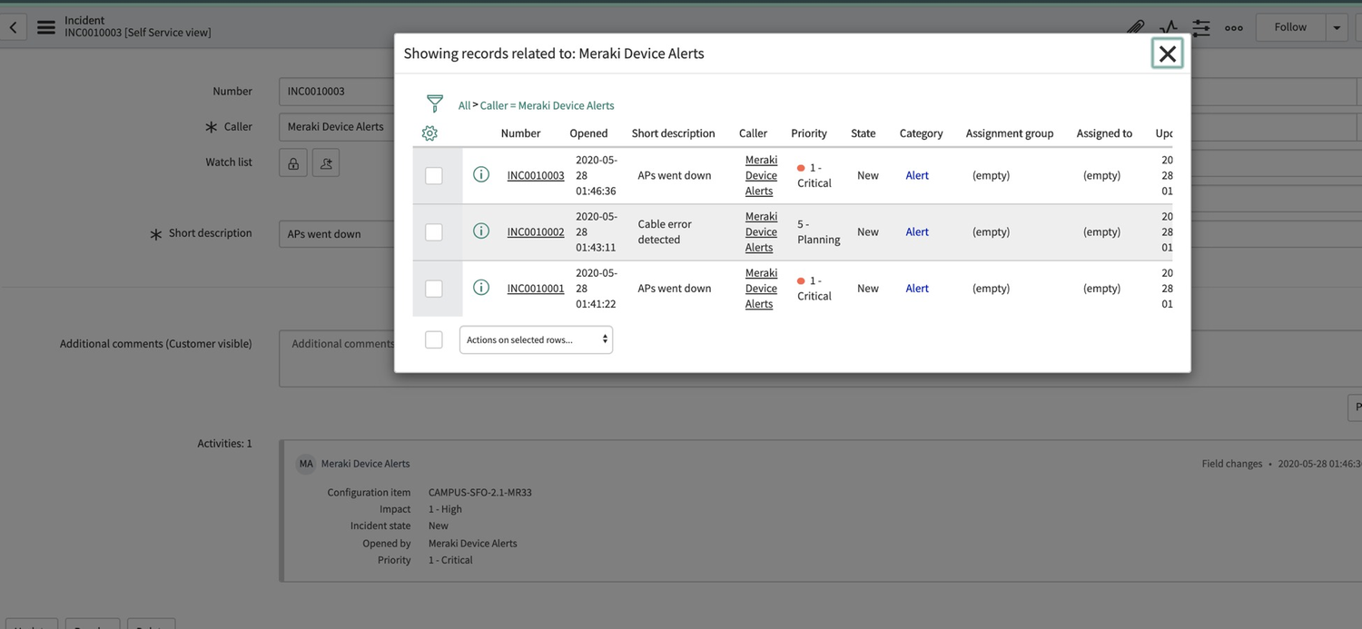 ServiceNow Connector Cisco Meraki Marketplace