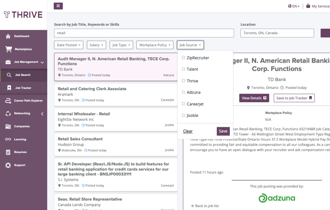 Search, save, and manage jobs