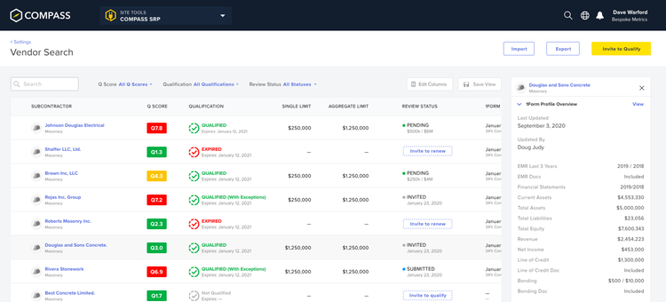 Vendor Search and Qualification Management: A searchable dashboard allowing general contractors to review, invite, and manage subcontractor qualifications.