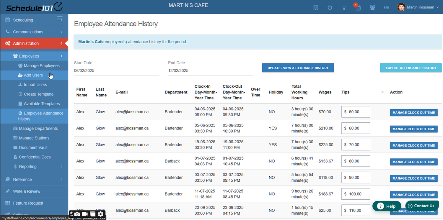Export hours worked or schedules